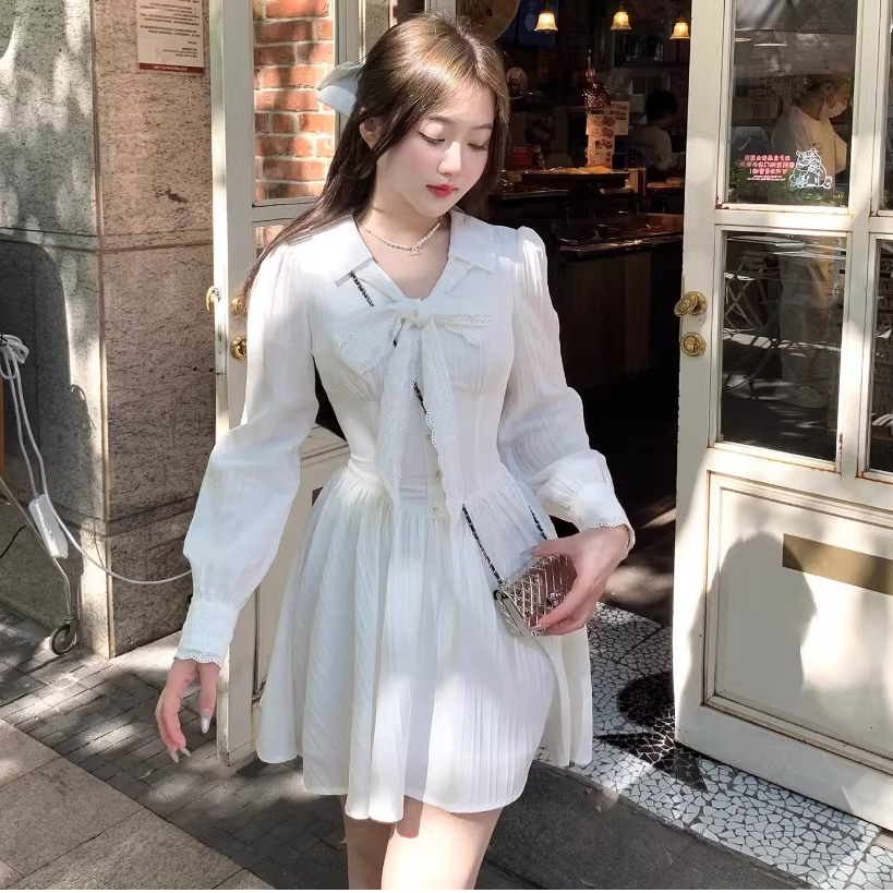 RY84# 双层套里悸动小白裙花边长袖衬衫连衣裙法式绝美白色春夏短裙穿搭