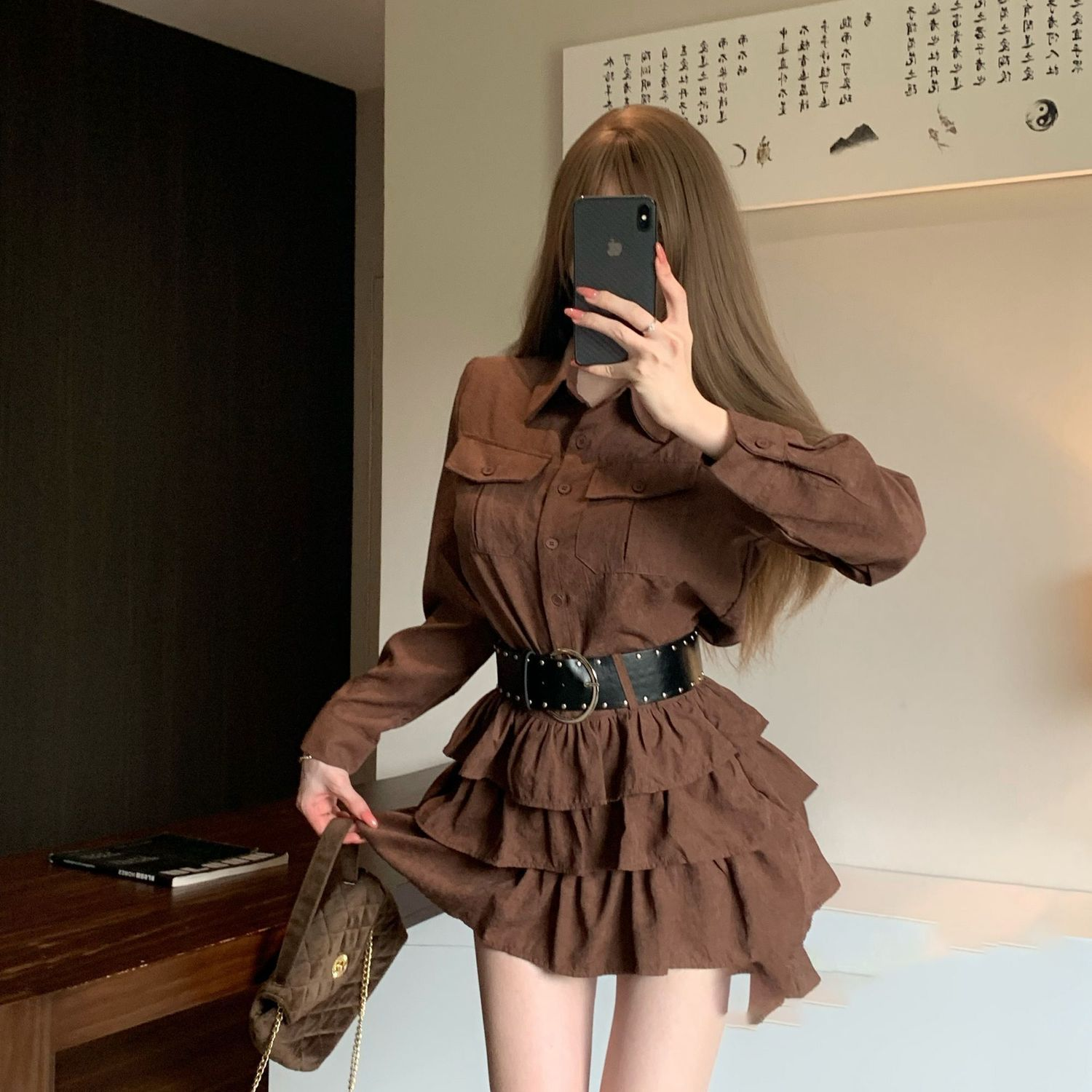 RY83# 松驰感穿搭一整套女秋季小个子长袖衬衫+蛋糕短裙带安全裤两件套