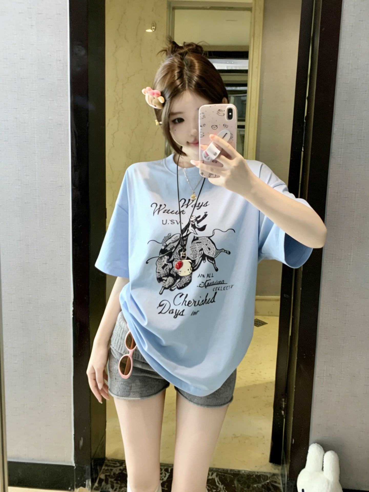 RY80# 韩系oversize圆领设计感印花短袖T恤女显瘦百搭休闲慵懒上...