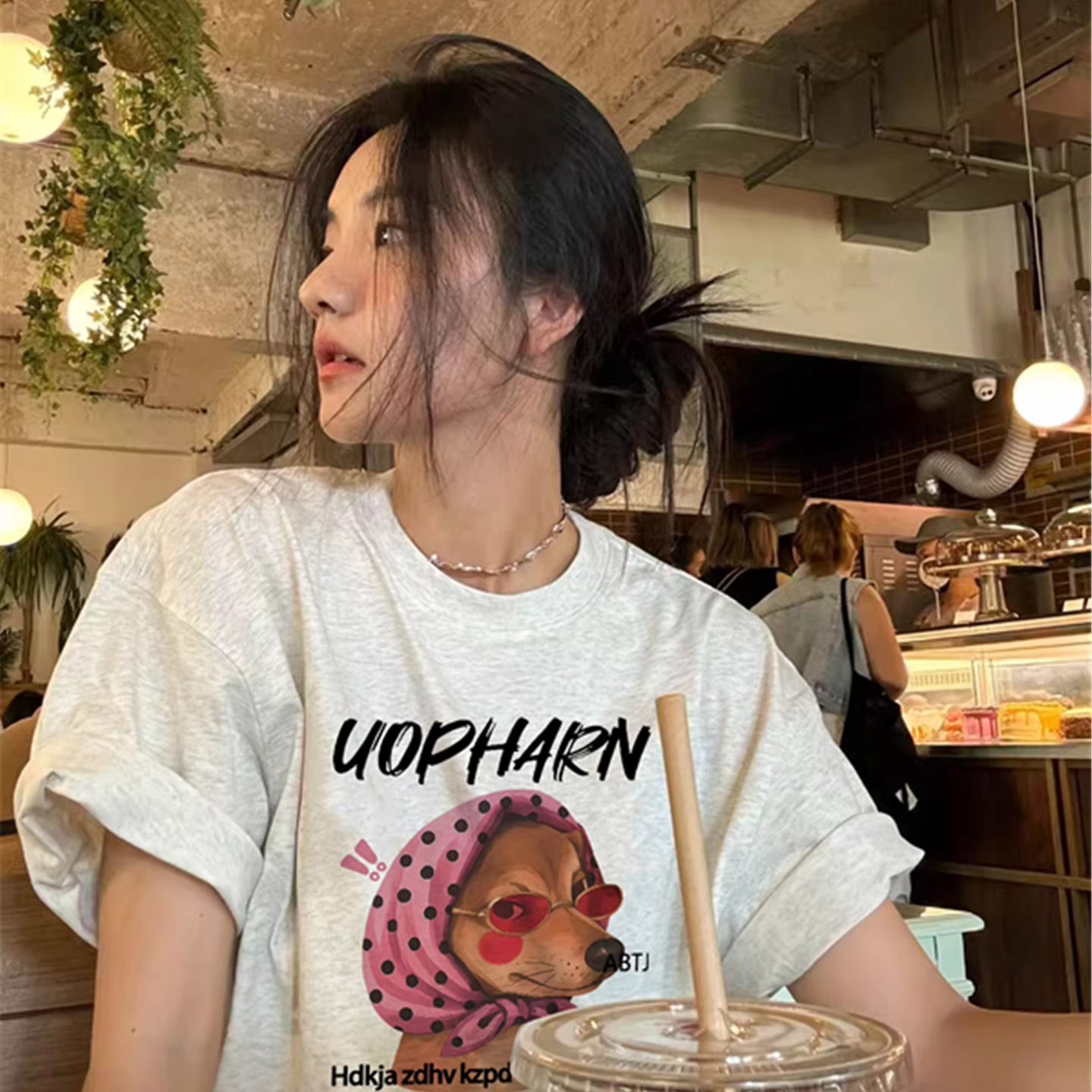 RY82# 夏季短袖t恤女2026新款爆款纯棉灰色正肩设计感美式宽松半袖上...