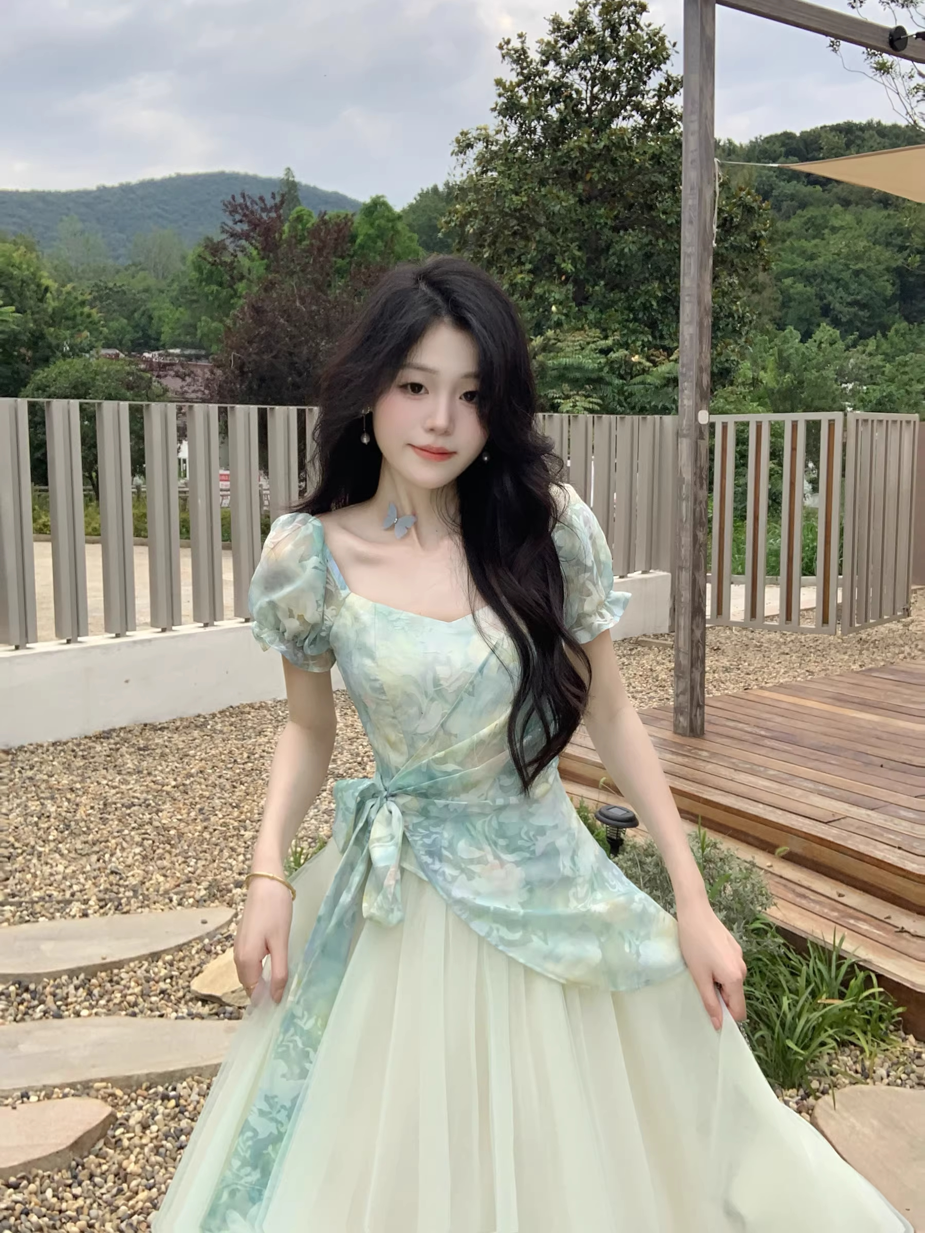 RY78# 茶歇法式甜美清新多巴胺高级感晕染印花拼接网纱收腰假两件连衣裙