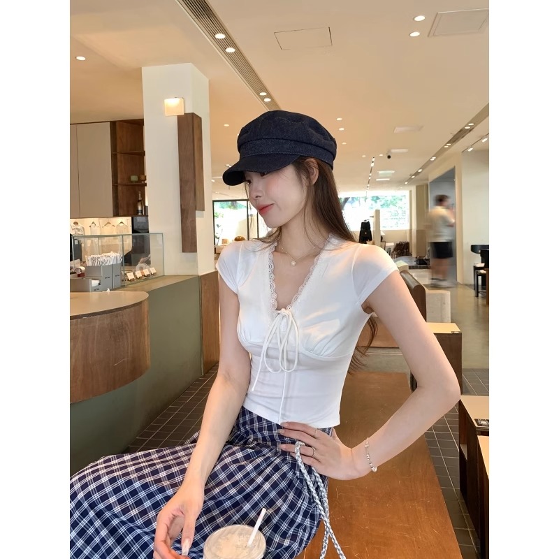 MY10704# 纯欲蕾丝边v领短袖上衣女蝴蝶结系带显瘦短款T恤女裝貨源服...