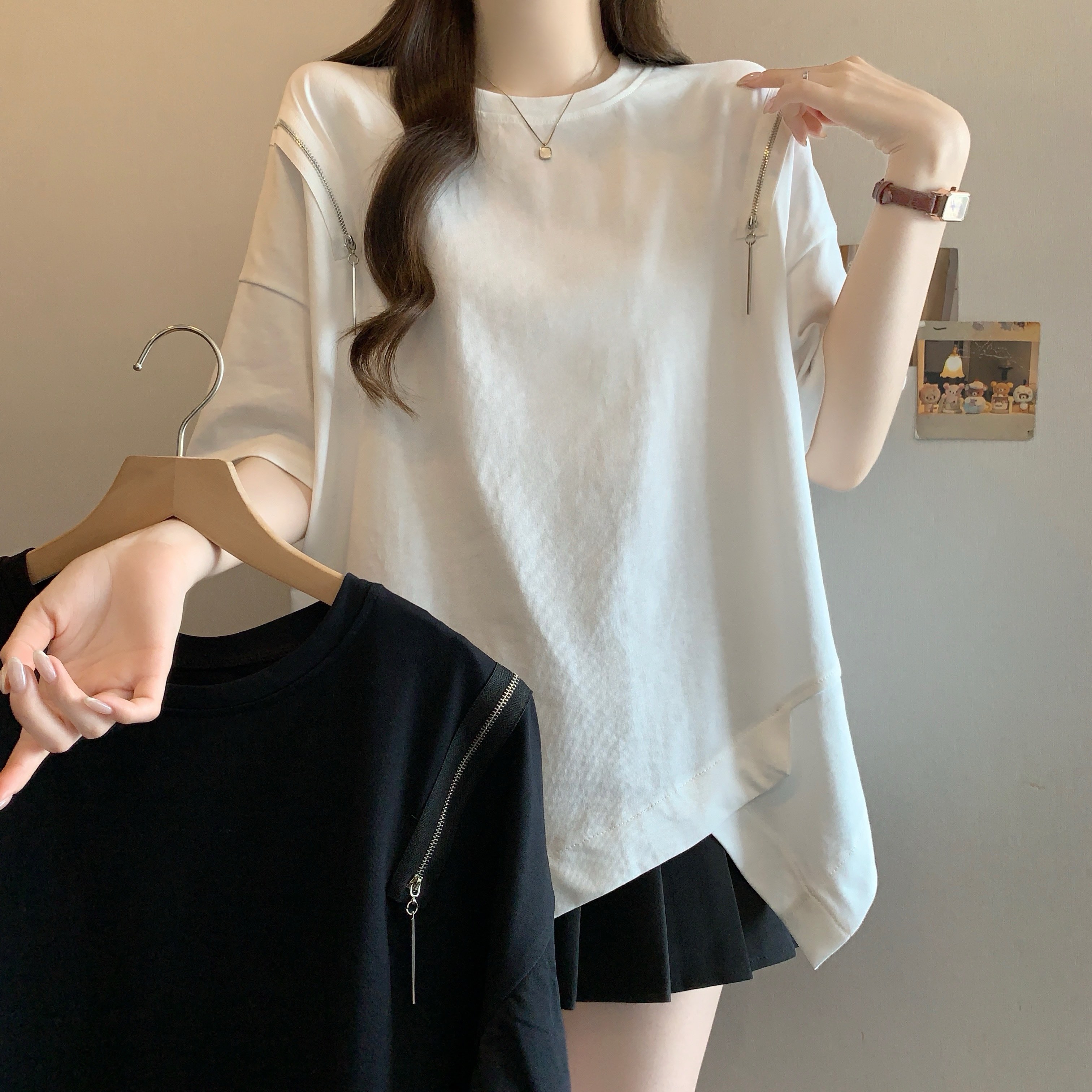 RY100# 夏季新款胖mm设计感t恤百搭宽松休闲减龄洋气大码短袖T恤上衣