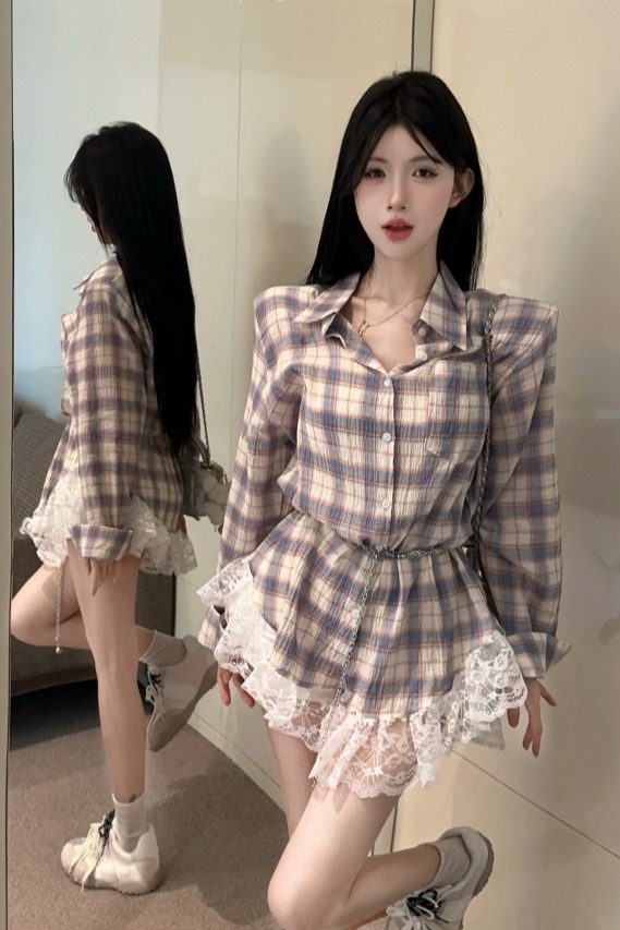 RY99# 甜美宽松格子长袖衬衫时尚设计感蕾丝拼接韩版百搭上衣
