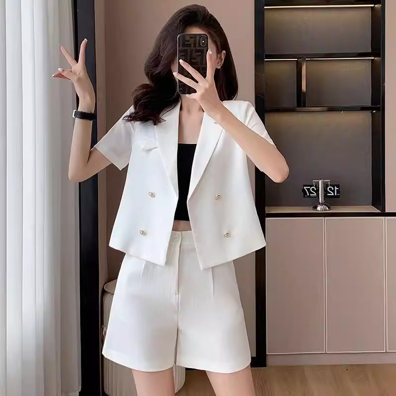 RY366# 白色西装套装2026新款女装夏季小个子短款套裤短袖西服短裤两...