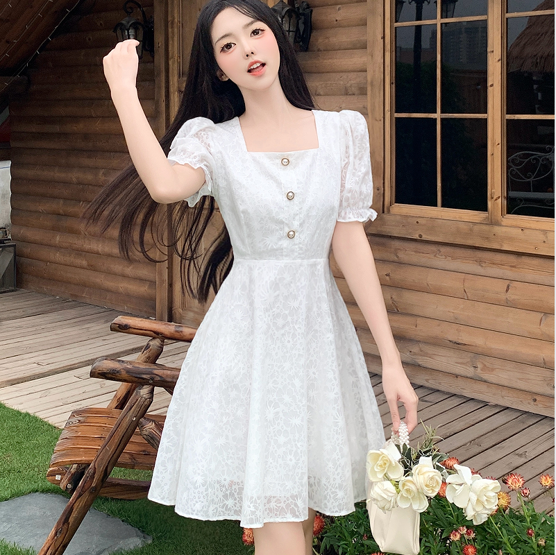 RY1146# 新款大码女装胖妹妹mm显瘦月光裙法式小资千金风白色收腰连衣裙子