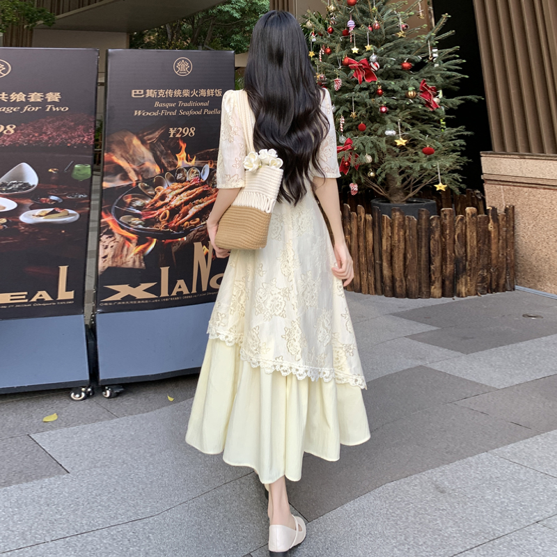 RY1141# 有口袋法式连衣裙女2026夏新款胖mm大码方领气质显瘦镂空蕾丝长裙