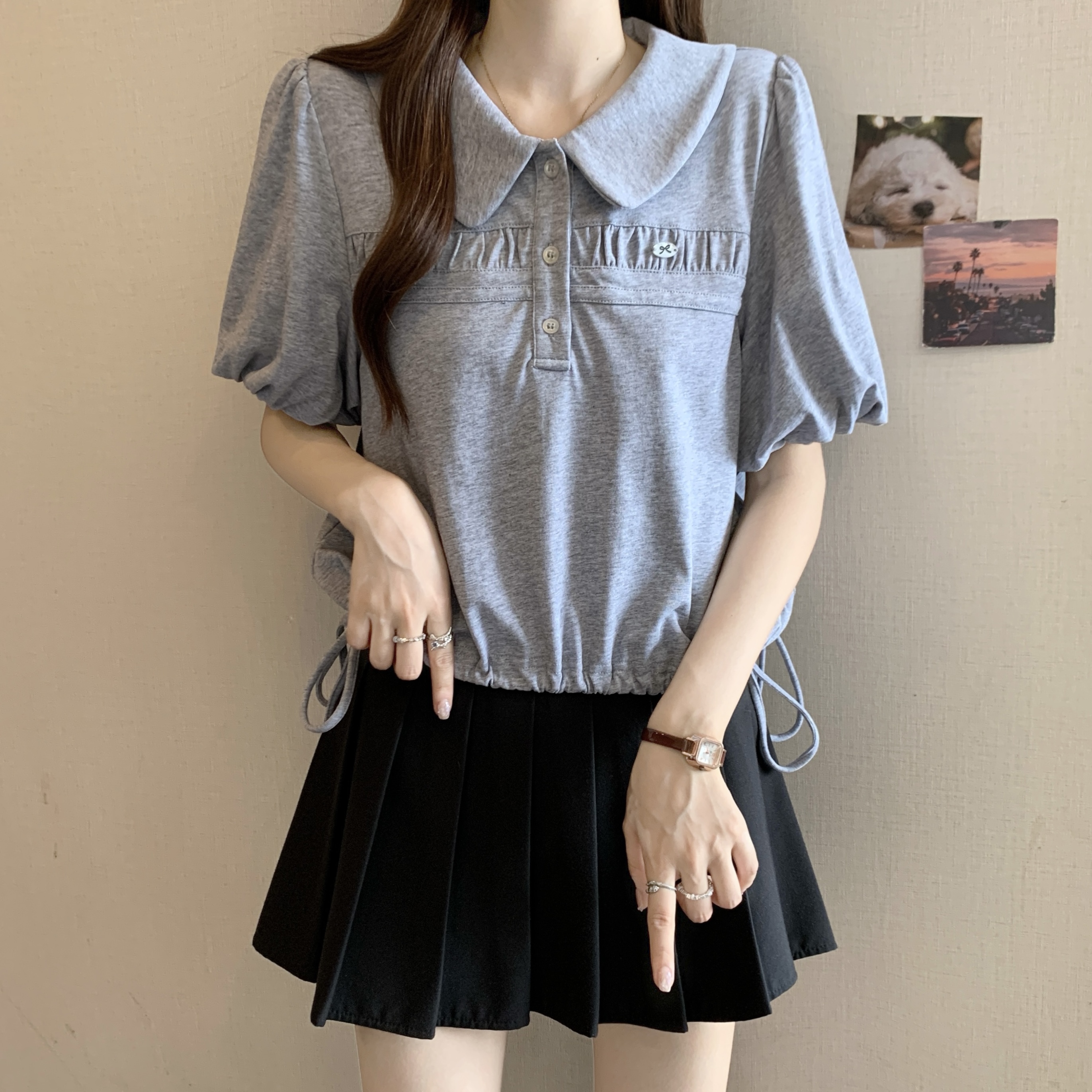 MY8444# 大码新款设计感胖MM正肩娃娃领褶皱上衣显瘦百搭T恤女女裝貨源服裝批發