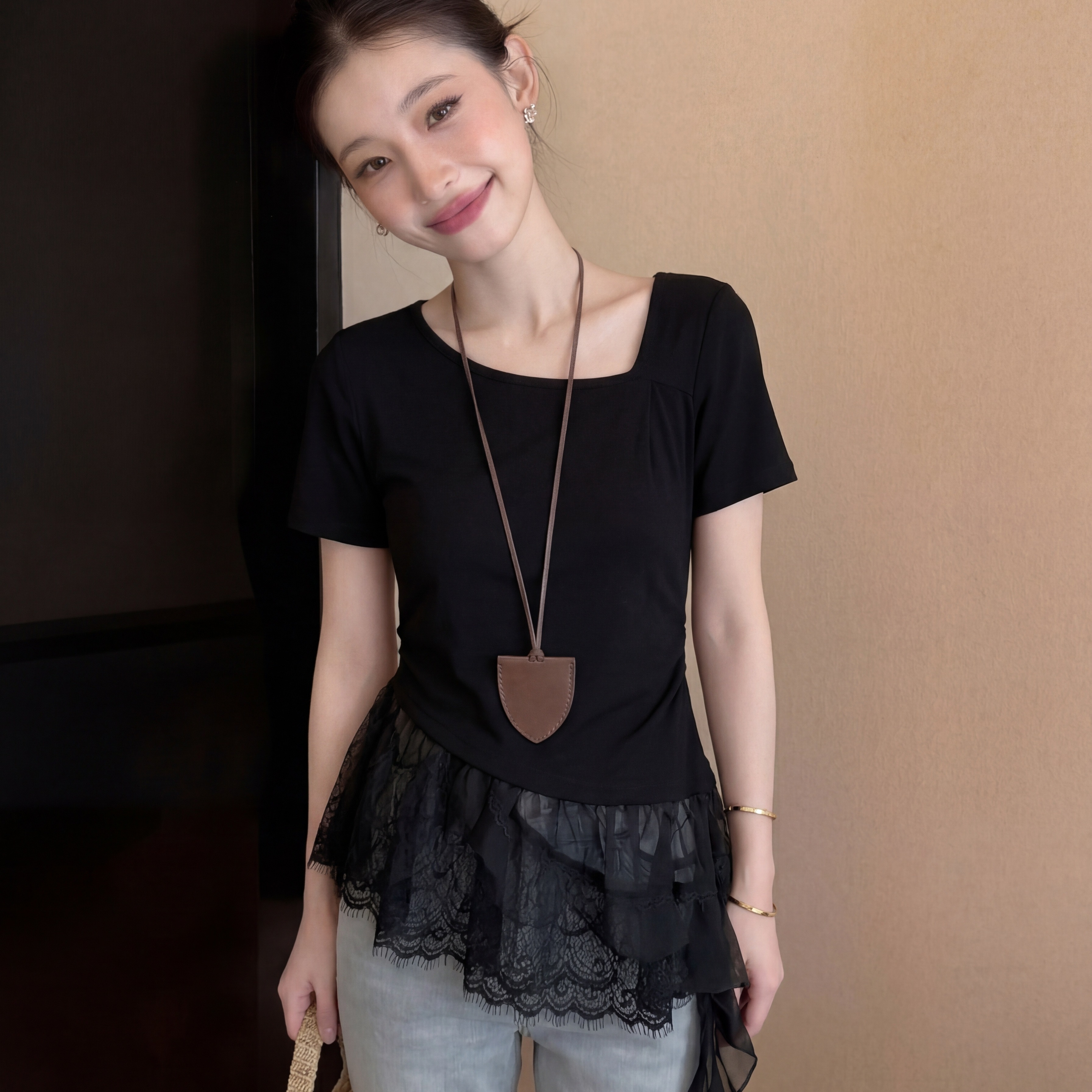 RY3483# 实拍~大码新款设计感胖MM蕾丝下摆不规则拼接上衣显瘦百搭T...