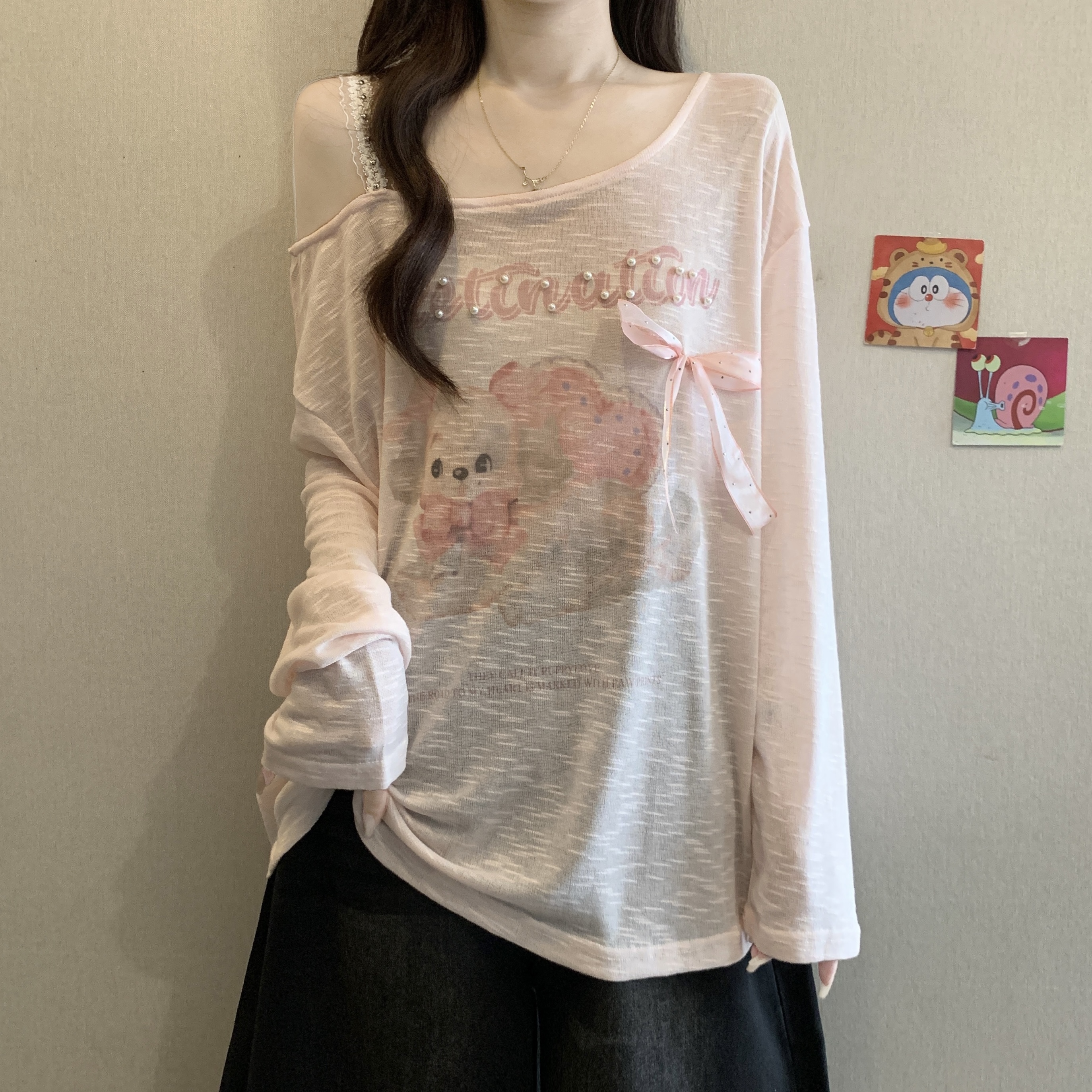 RY3482# 实拍~大码新款设计感胖MM韩系慵懒风猫咪印花薄纱罩衫显瘦上...