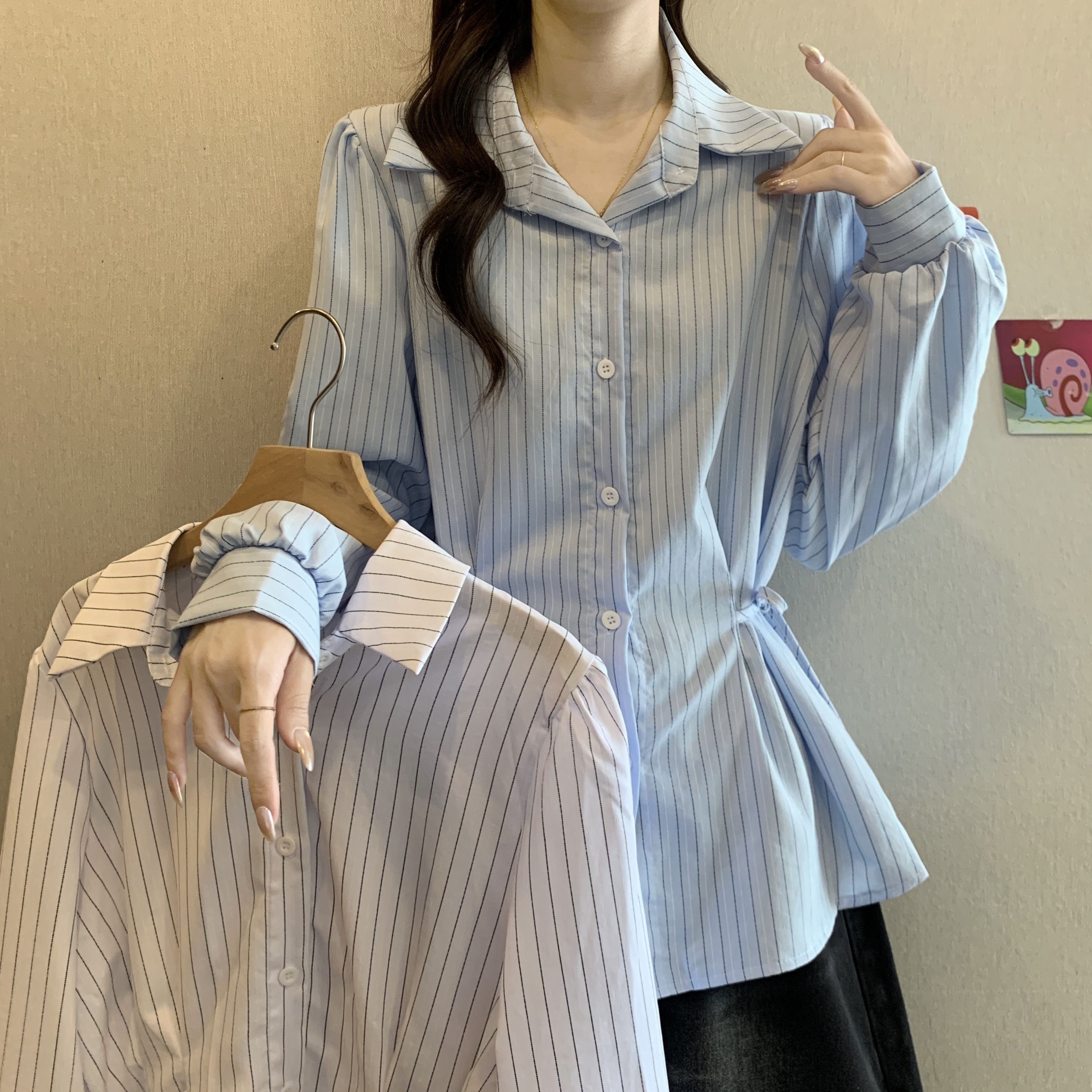MY11904# 蓝色条纹长袖衬衫女2025大码秋季法式气质收腰衬衣上衣设计感小众