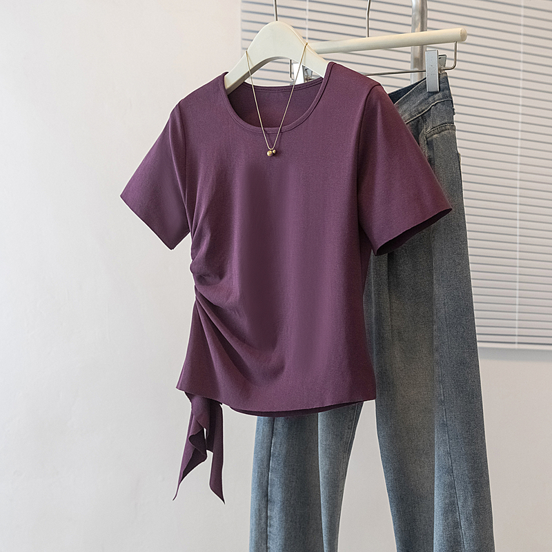 RY4132# 实拍大码短袖T恤夏季新款不规则掐腰显瘦小众设计感修身气质上...