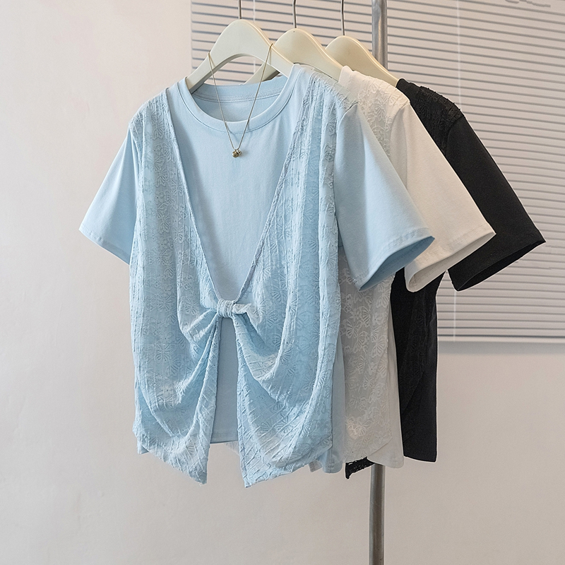 RY4131# 实拍大码正肩短袖T恤26年微胖mm蝴蝶结设计感蕾丝拼接假两...