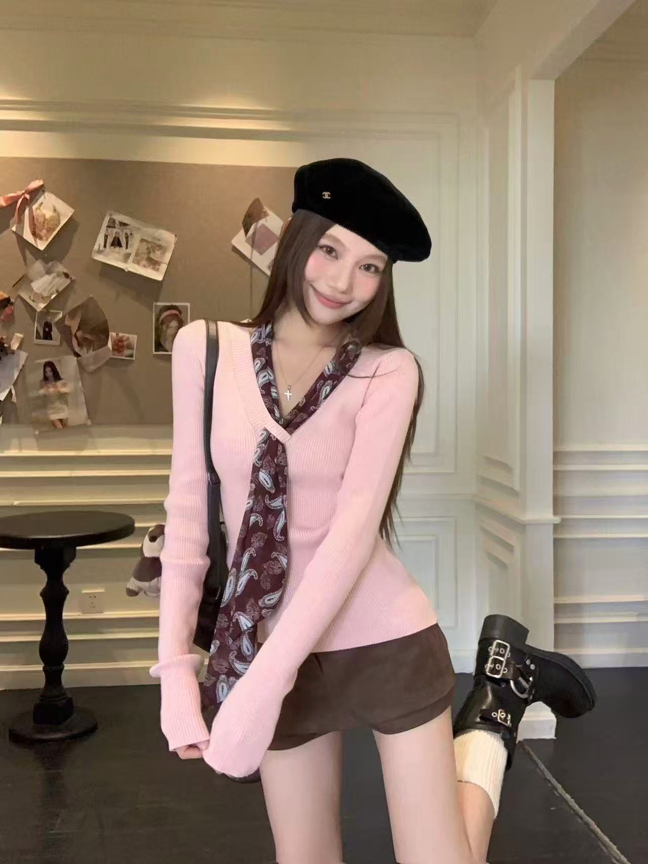 MY15352# 甜美风粉色小众设计感飘带V领长袖针织衫女装别致打底上衣女...