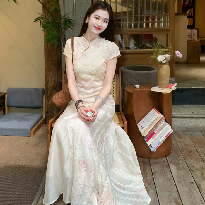 RY2335# 粉黛新中式全包边碎花改良高级感旗袍连衣裙女夏新款绝美长裙