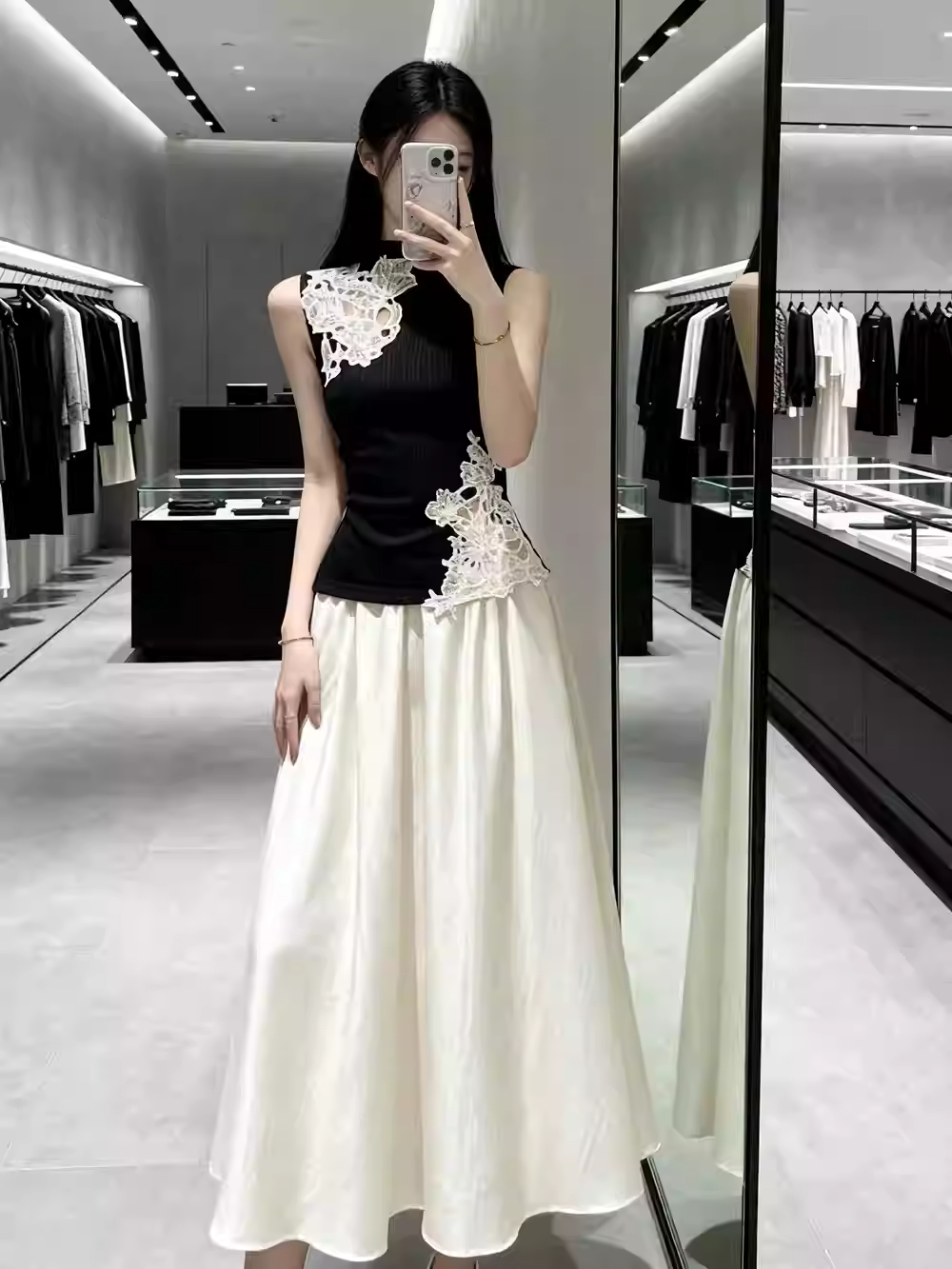 RY2334# 新中式法式撞色蕾丝拼接背心内搭上衣+高腰A字半身裙轻奢气质...