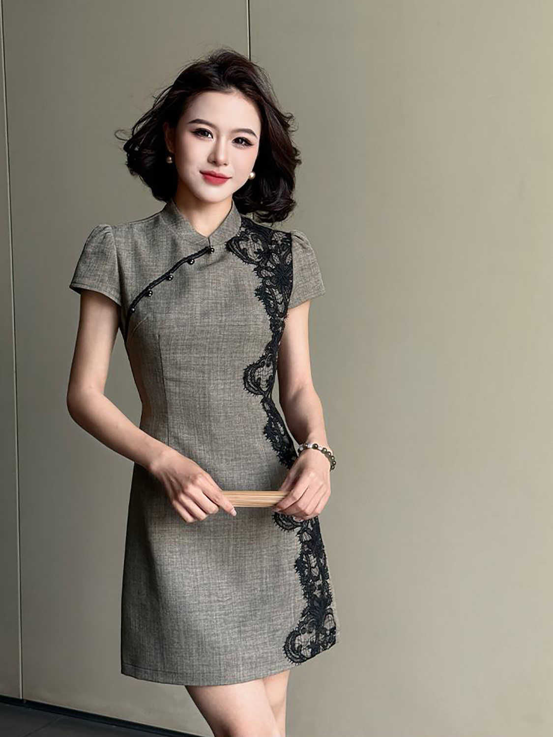 RY2332# 黛色鎏边新中式旗袍国风古法高级灰色气质蕾丝拼接连衣裙女夏