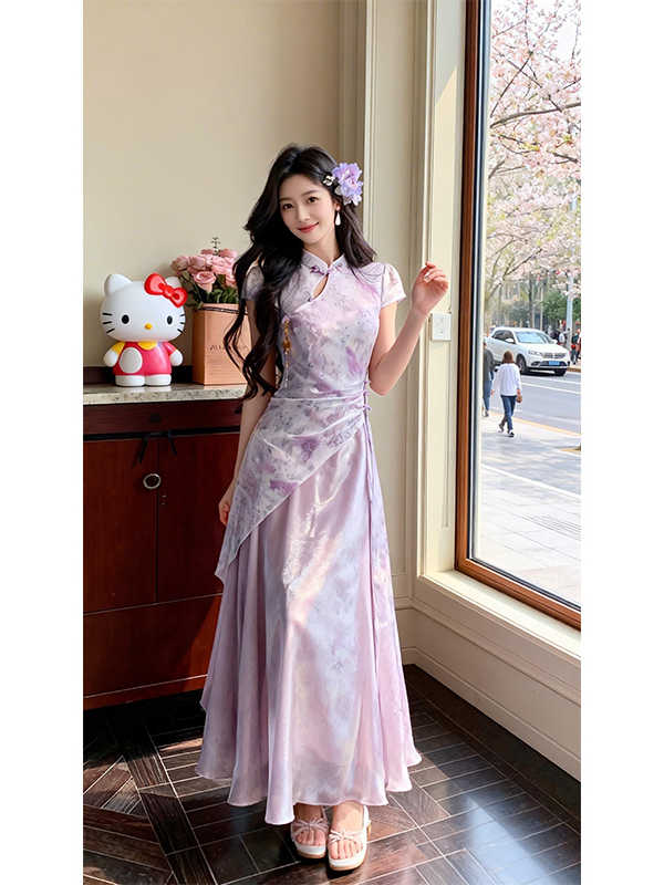 RY2331# 幻紫流云新中式改良国风2026夏季暗纹印花旗袍收腰琉光纱裙女