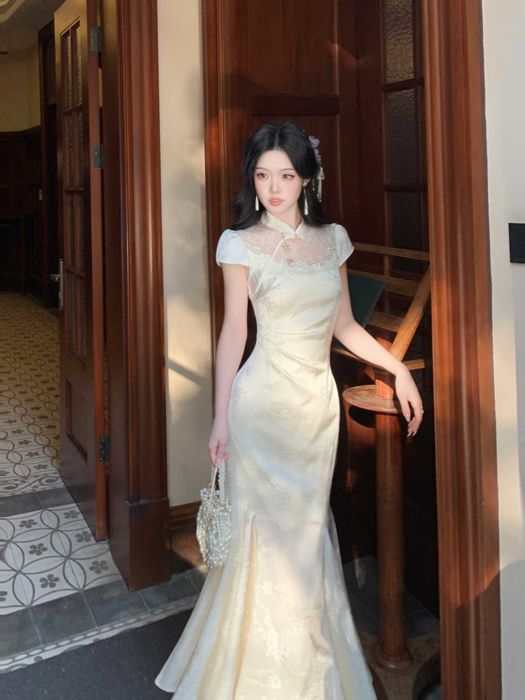 RY2330# 2026年夏季新款远山烟岚改良旗袍提花蕾丝拼接鱼尾裙仙气连...