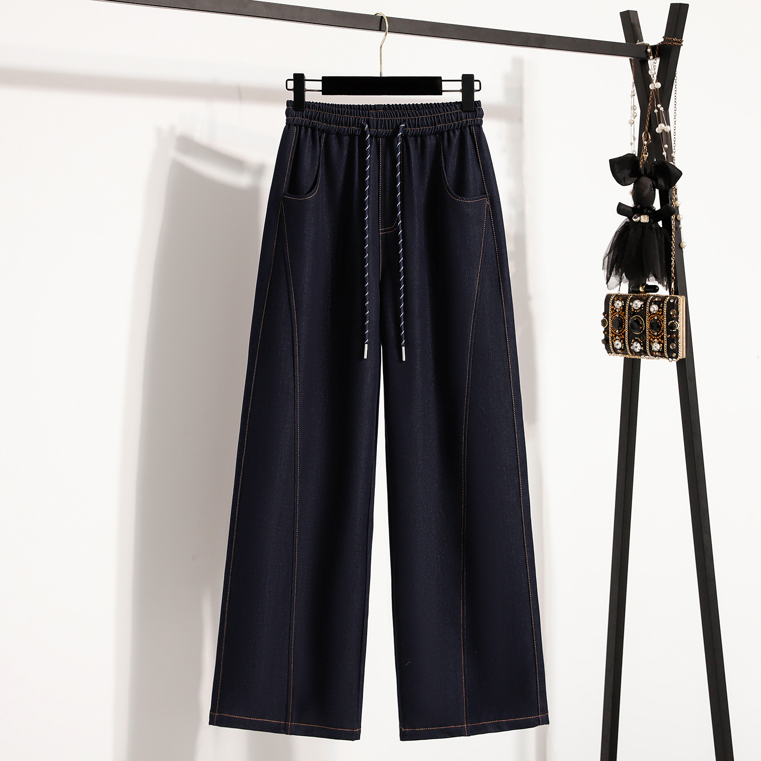 MY17106# 新款大码韩版松紧腰直筒牛仔女长裤胖MM高腰宽松拖地女裤女...