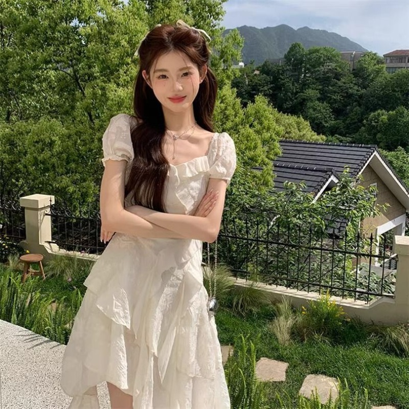超仙荷葉邊不規則連衣裙女夏2025年新款設計感收腰法式初戀小白裙