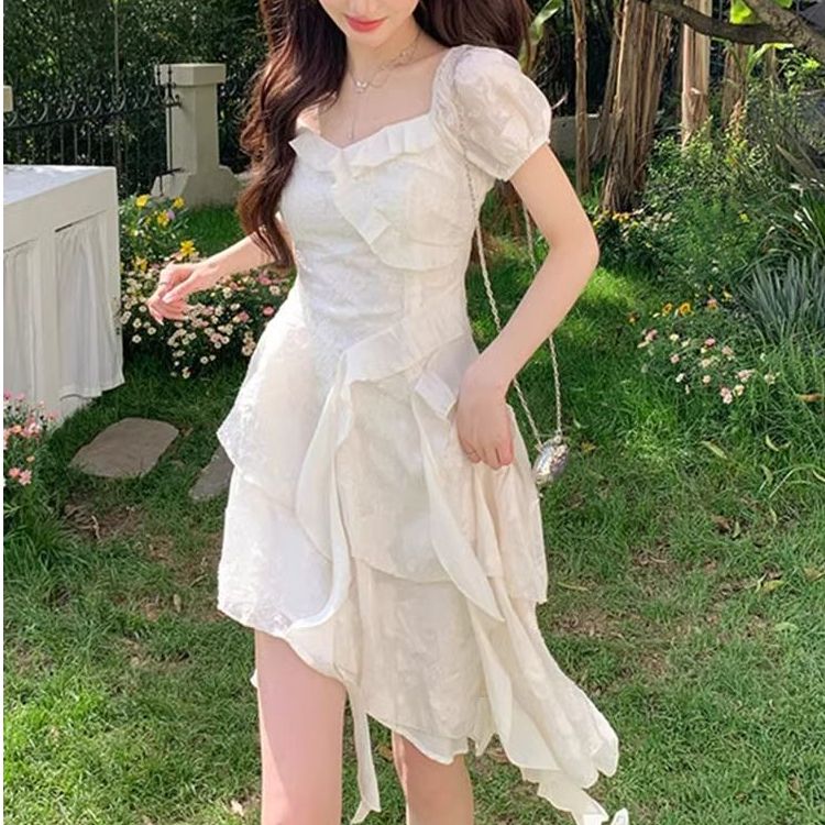 超仙荷葉邊不規則連衣裙女夏2025年新款設計感收腰法式初戀小白裙