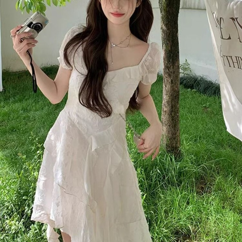 超仙荷葉邊不規則連衣裙女夏2025年新款設計感收腰法式初戀小白裙