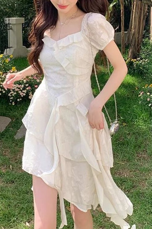 超仙荷葉邊不規則連衣裙女夏2025年新款設計感收腰法式初戀小白裙