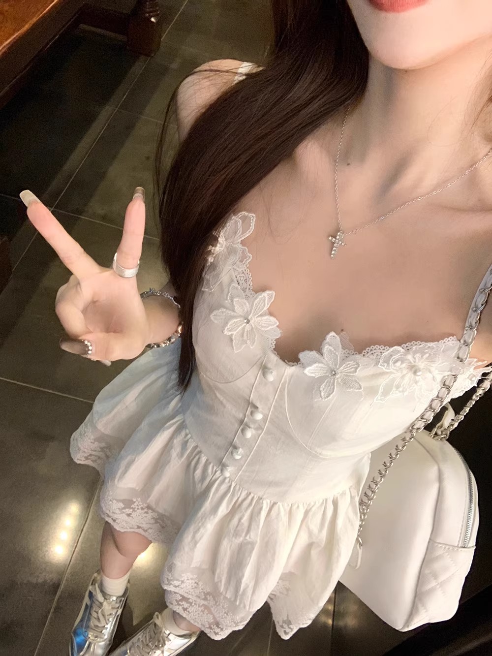 吊帶可調節純欲風仙女韓系收腰設計拼接蕾絲露肩無袖高級感裙子女