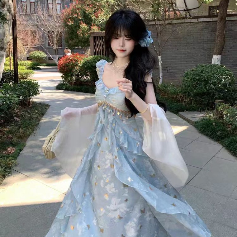 蝶舞星河 優雅少女感蝴蝶亮片吊帶裙仙氣荷葉邊層次裙擺