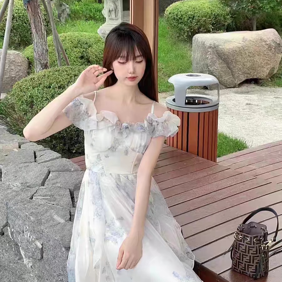 海邊度假風吊帶裙紗法式荷葉邊沙灘連衣裙氛圍感長裙飄逸仙女范