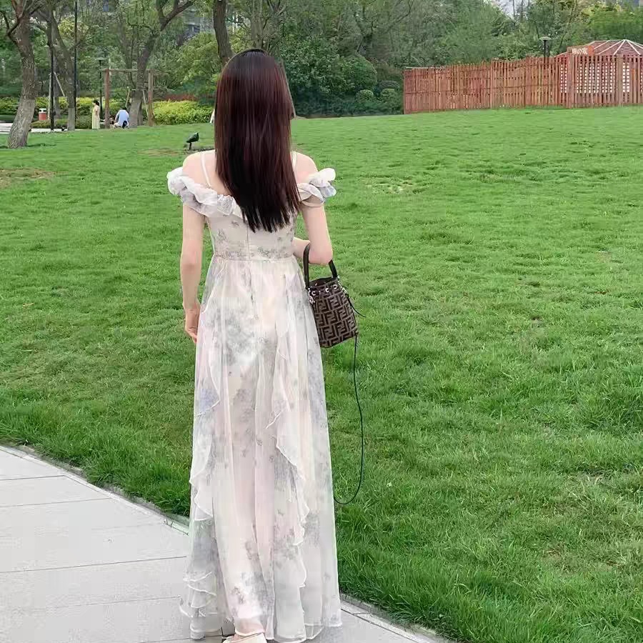 海邊度假風吊帶裙紗法式荷葉邊沙灘連衣裙氛圍感長裙飄逸仙女范