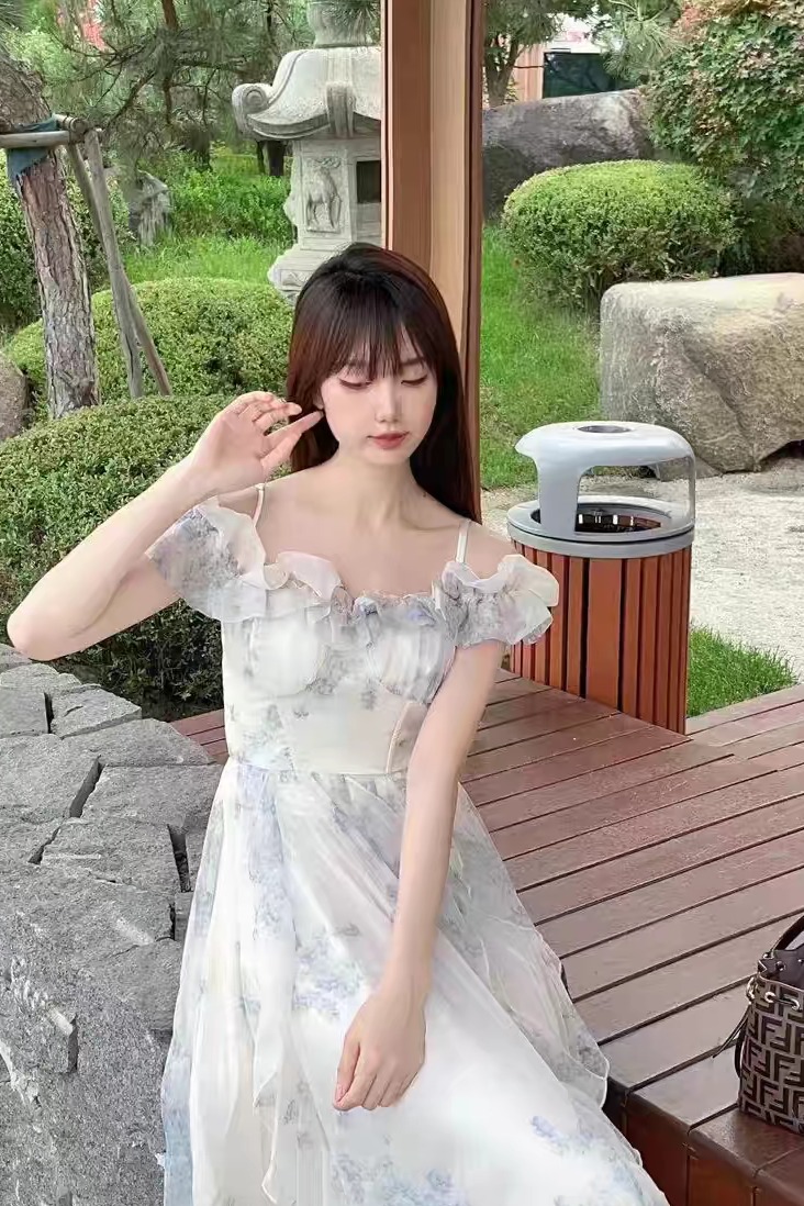 海邊度假風吊帶裙紗法式荷葉邊沙灘連衣裙氛圍感長裙飄逸仙女范