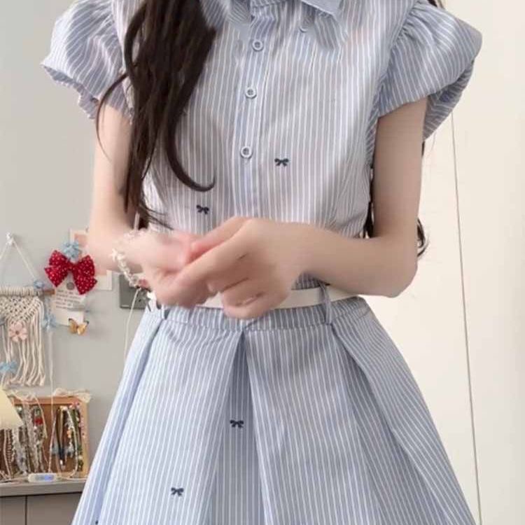 韓系穿搭夏季2026新款小個子藍色條紋襯衫連衣裙子女氣質收腰短裙