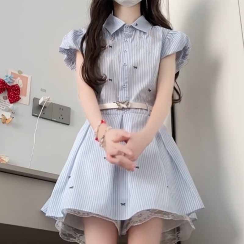 韓系穿搭夏季2026新款小個子藍色條紋襯衫連衣裙子女氣質收腰短裙