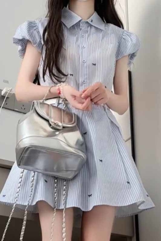 韓系穿搭夏季2026新款小個子藍色條紋襯衫連衣裙子女氣質收腰短裙