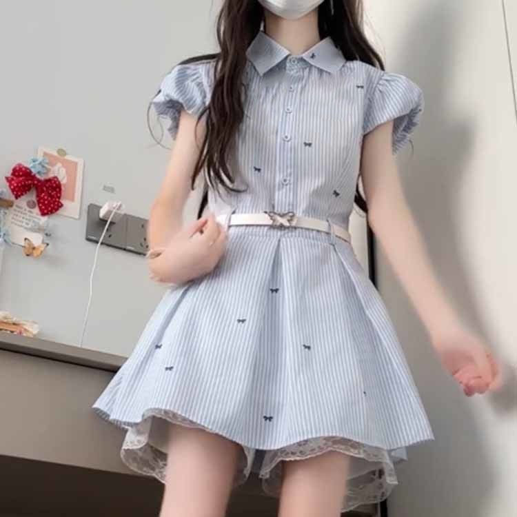韓系穿搭夏季2026新款小個子藍色條紋襯衫連衣裙子女氣質收腰短裙