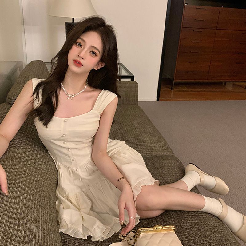 夏季白月光氣質甜美溫柔風吊帶連衣裙女修身顯瘦純色裙子