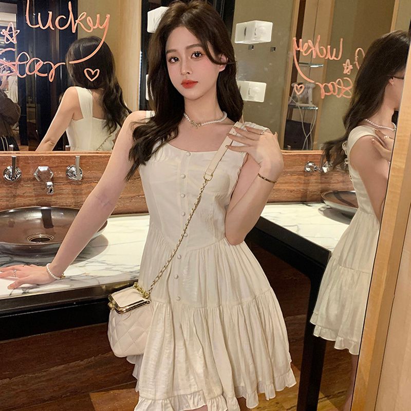 夏季白月光氣質甜美溫柔風吊帶連衣裙女修身顯瘦純色裙子