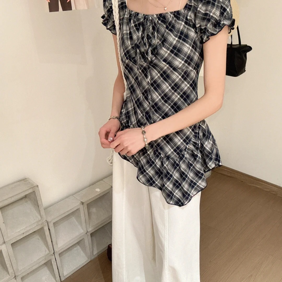 法式復古方領格紋襯衫女夏季新款短袖小衫大碼顯瘦不規則上衣
