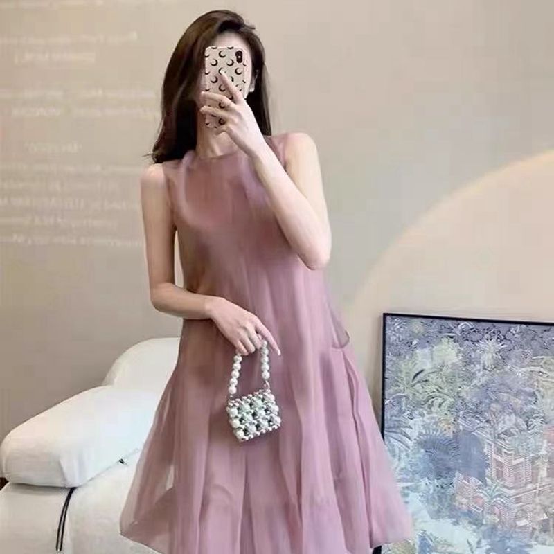 夏季新款法式仙女連衣裙無袖粉色a字公主裙網紗小個子度假風裙子