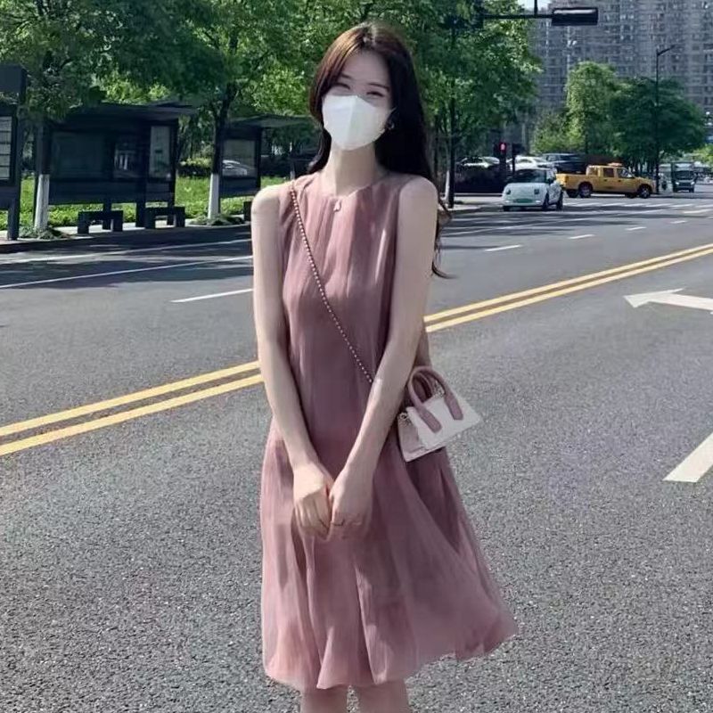 夏季新款法式仙女連衣裙無袖粉色a字公主裙網紗小個子度假風裙子