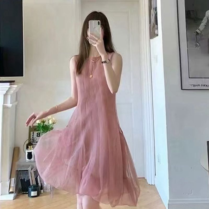 夏季新款法式仙女連衣裙無袖粉色a字公主裙網紗小個子度假風裙子