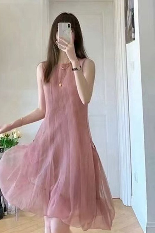 夏季新款法式仙女連衣裙無袖粉色a字公主裙網紗小個子度假風裙子