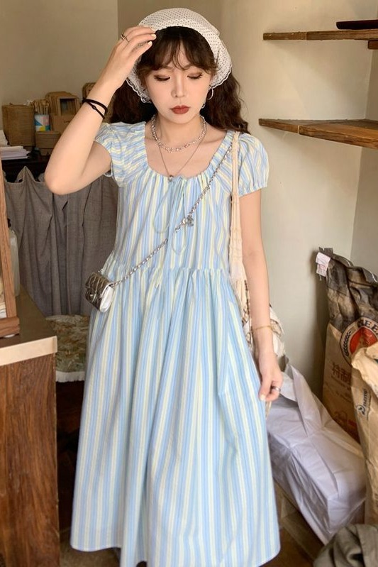 法式氣質收腰微胖顯瘦條紋連衣裙子女春季2025新款輕奢高級感長裙