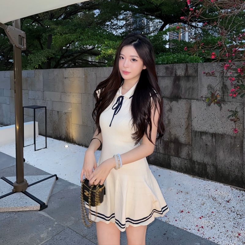甜美學院風小飛袖針織系帶連衣裙2025夏季新款收腰顯瘦A字短裙女