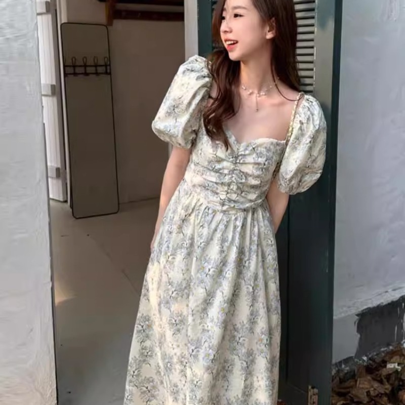 原版做工泡泡袖舒適連衣裙女夏季氣質裙子胖遮肚子顯瘦碎花裙
