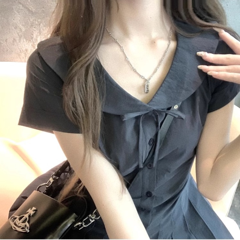 顯白藏青收腰襯衫連衣裙顯瘦夏短袖百搭設計感2025新款女連衣裙