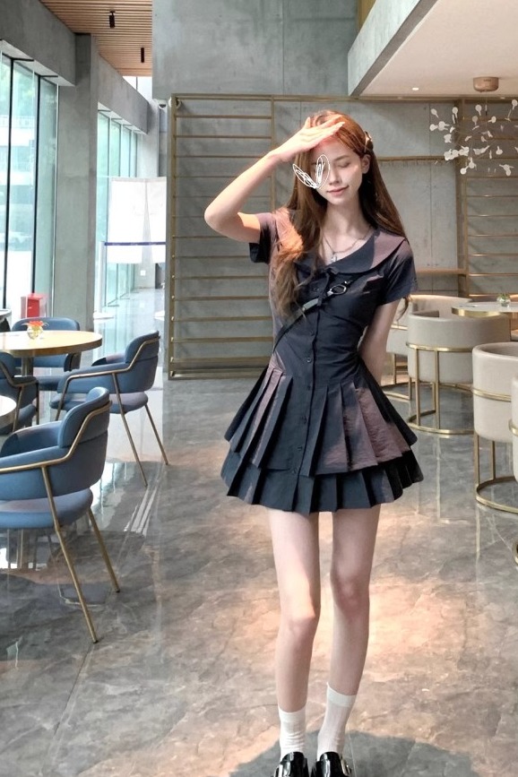 顯白藏青收腰襯衫連衣裙顯瘦夏短袖百搭設計感2025新款女連衣裙