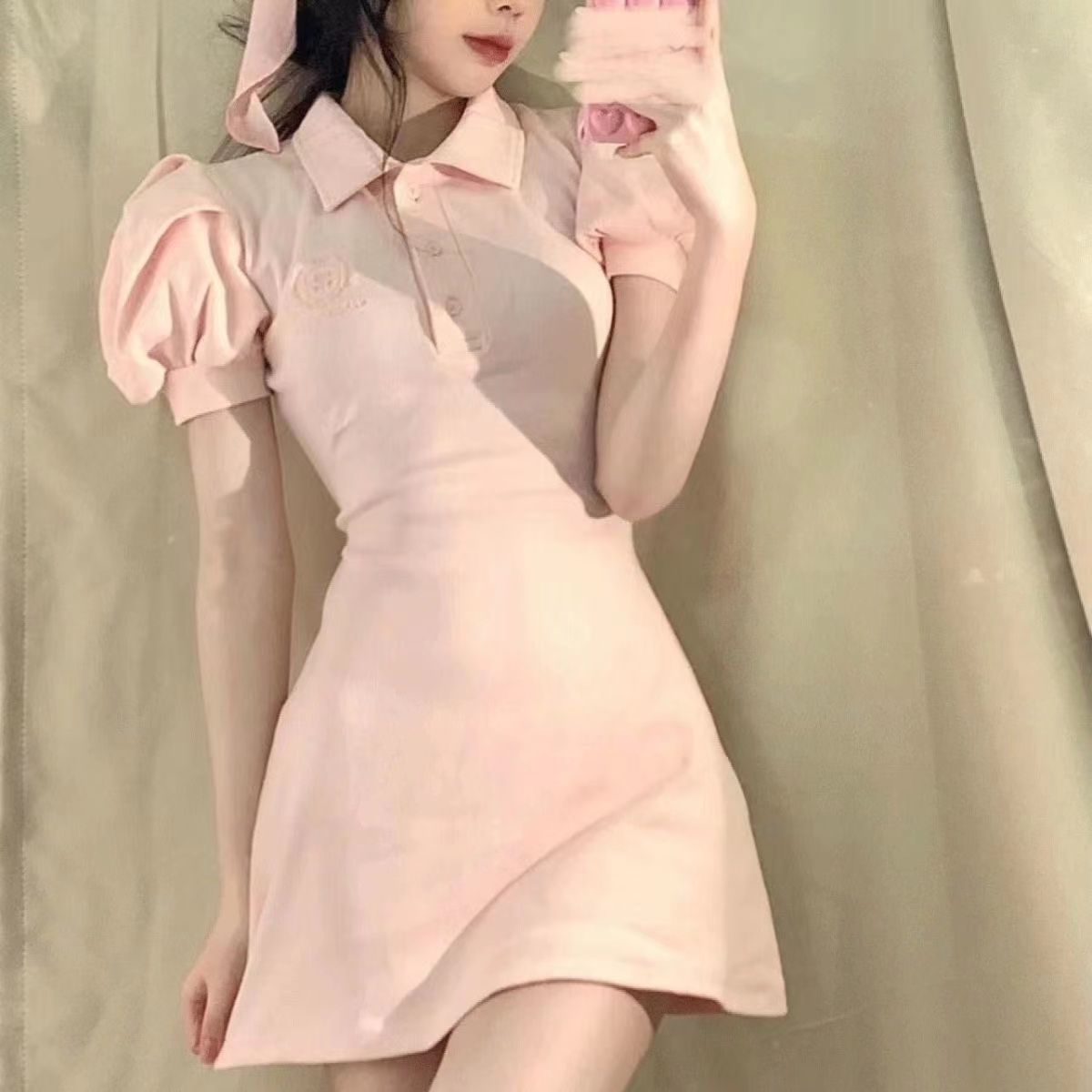 辣妹POLO領襯衫連衣裙女夏季新款收腰顯瘦泡泡袖短裙粉色裙子
